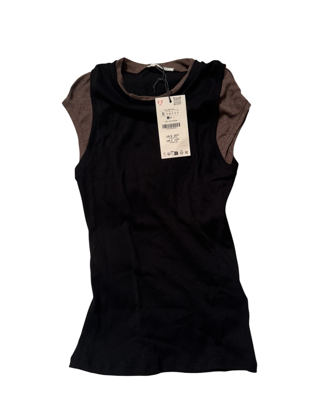 Zara Black Tank Top with Brown Sleeve and Collar Accents